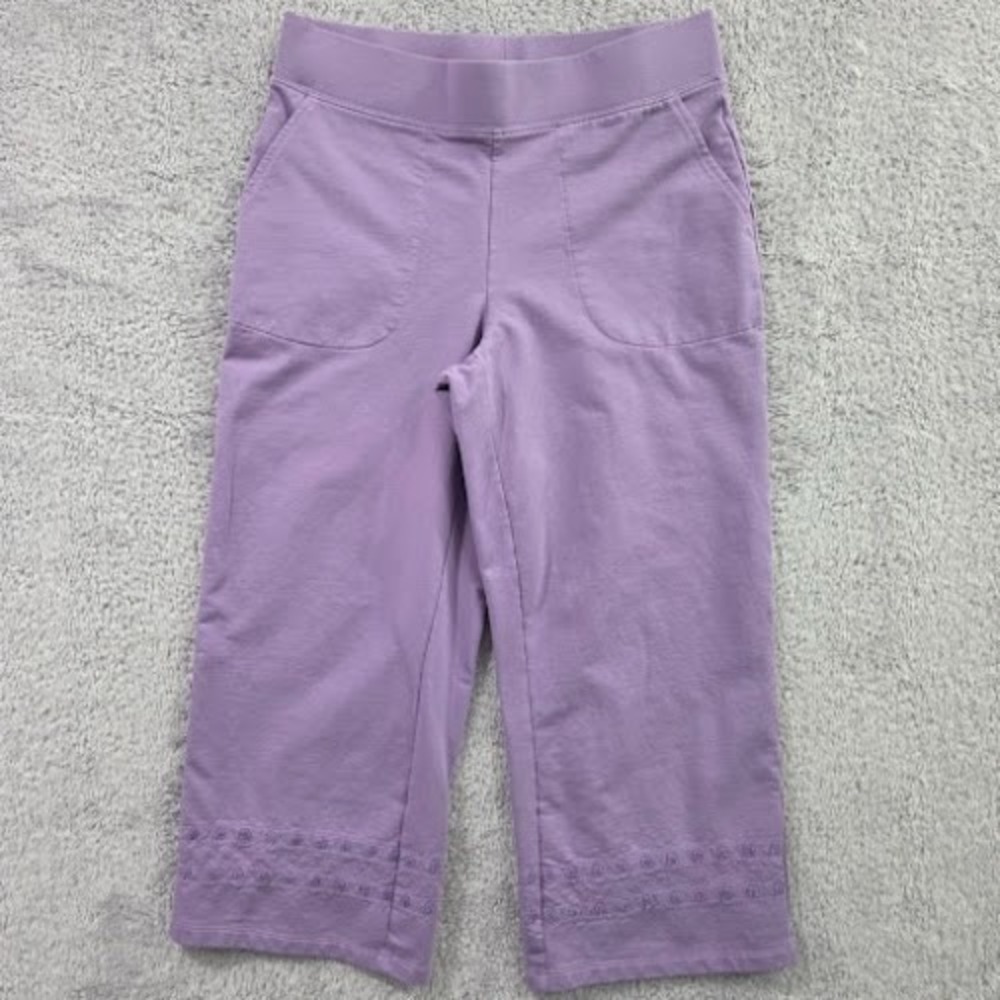 Denim & Co. Active French Terry Crop Pants Small Purple Embroidered Hem Pockets